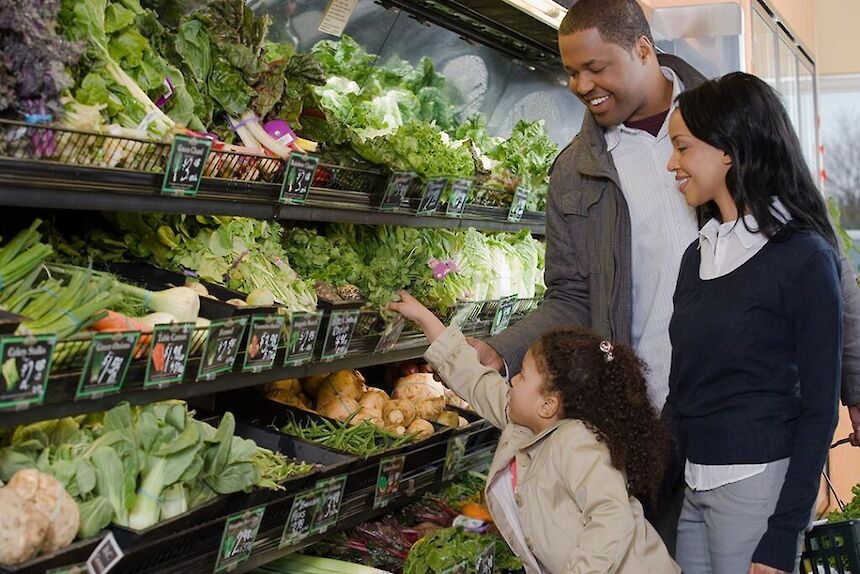 family grocery shopping in produce aisle