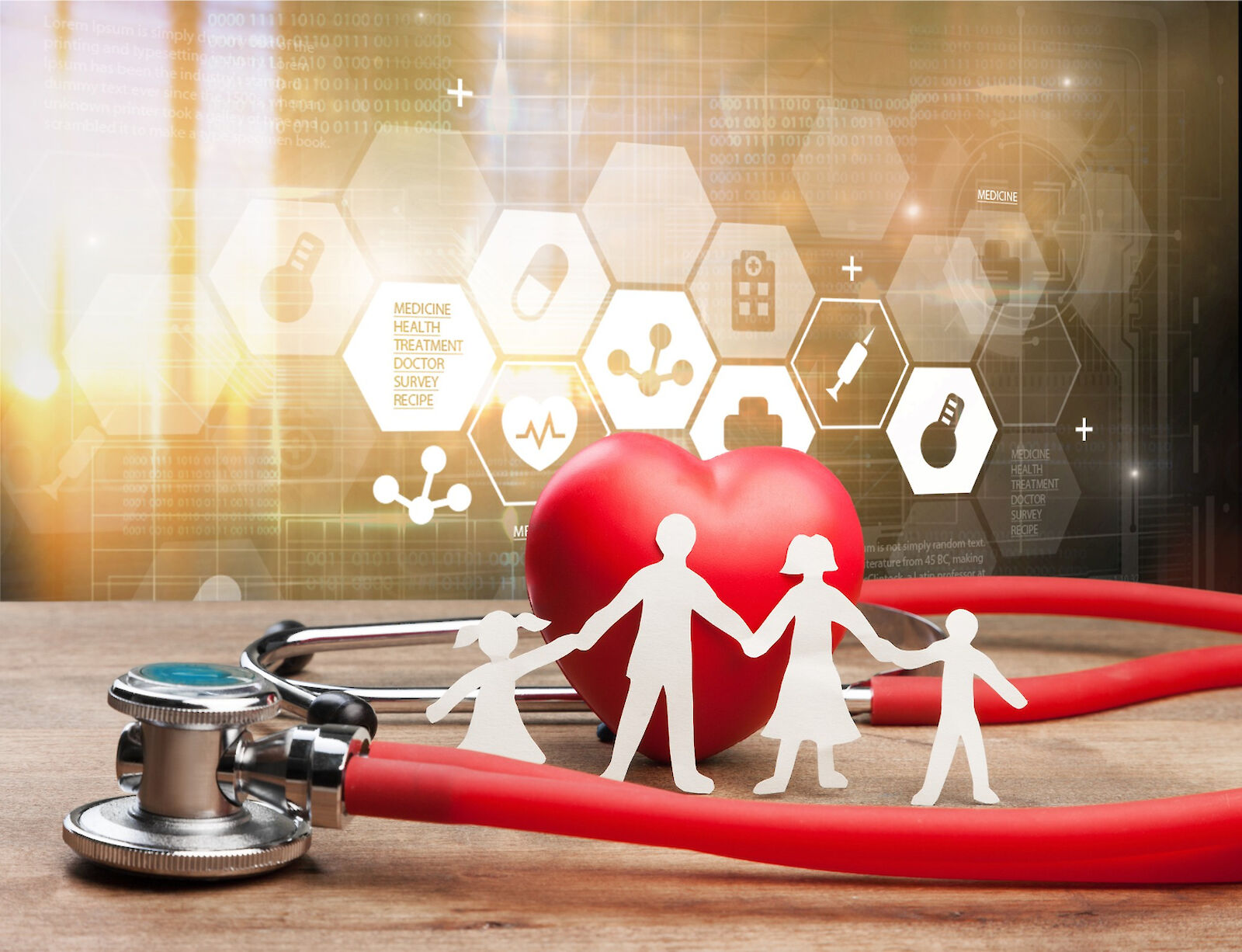 medical montage with stethoscope and family